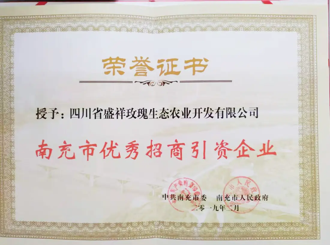 南充市优秀招商引资企业称号证书